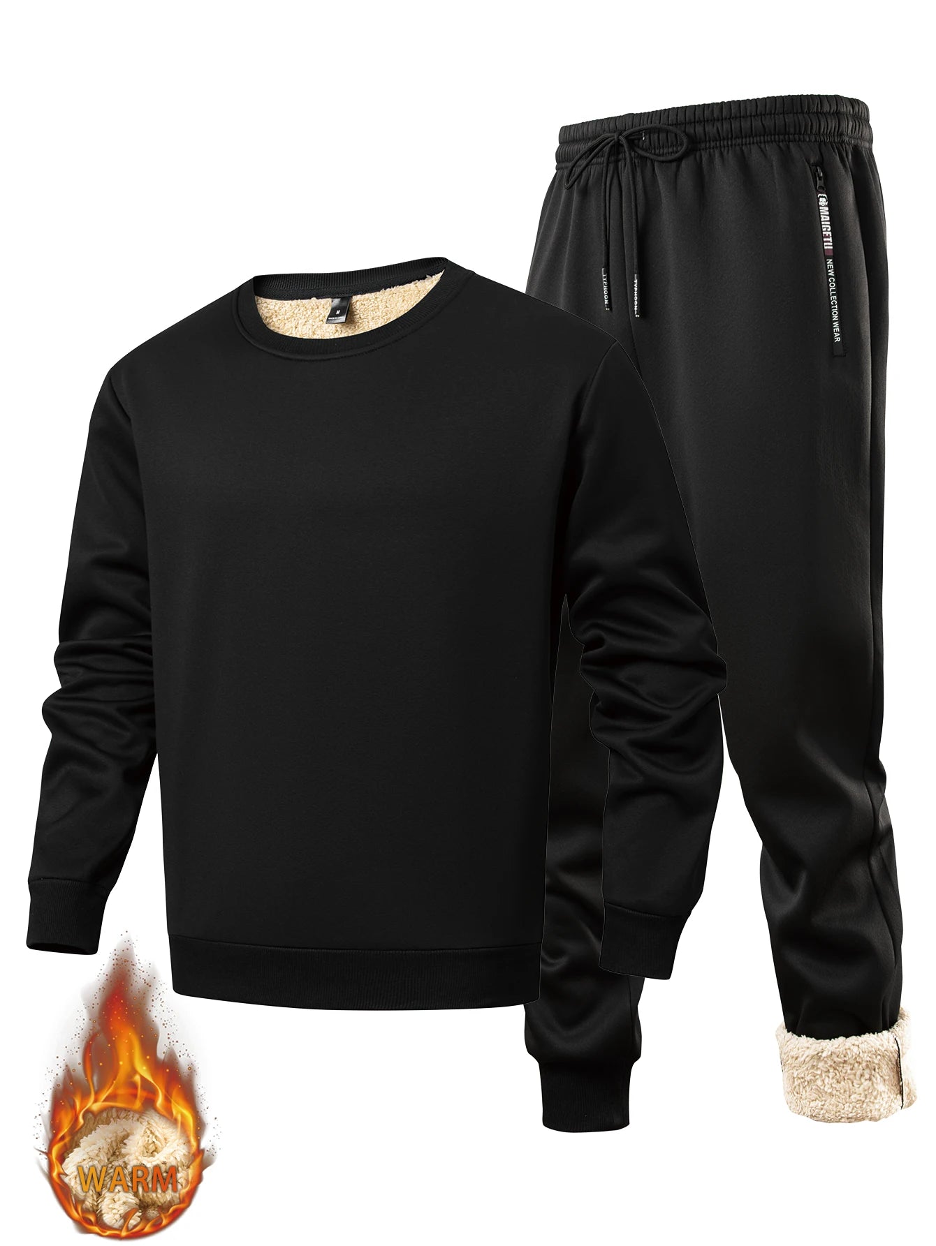 Men's winter sportswear set; warm fleece round neck sweatshirt; men's drawstring sport pants; fashionable men's running fitness