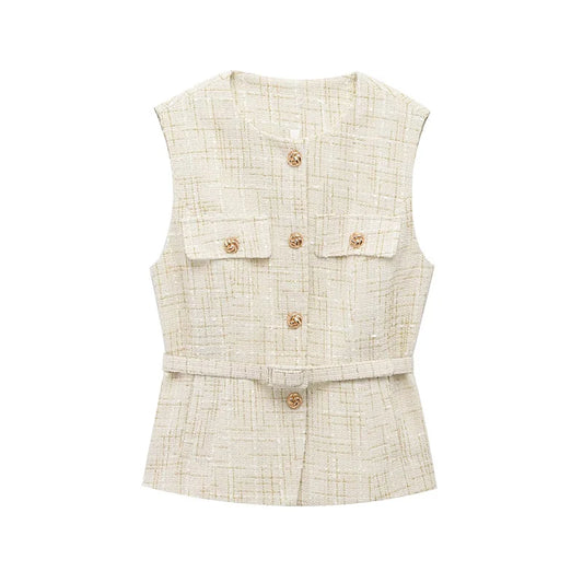 Women's Tweed Waistcoat Fashion with Belt O NeckSleeveless Vests Female Outerwear Chic Tops