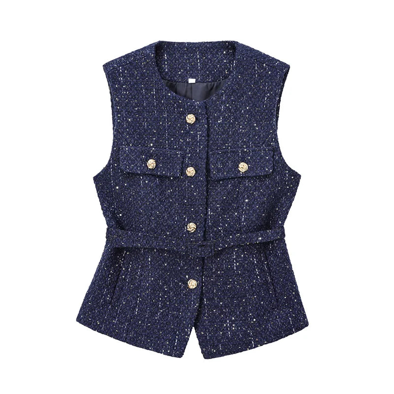 Women's Tweed Waistcoat Fashion with Belt O NeckSleeveless Vests Female Outerwear Chic Tops