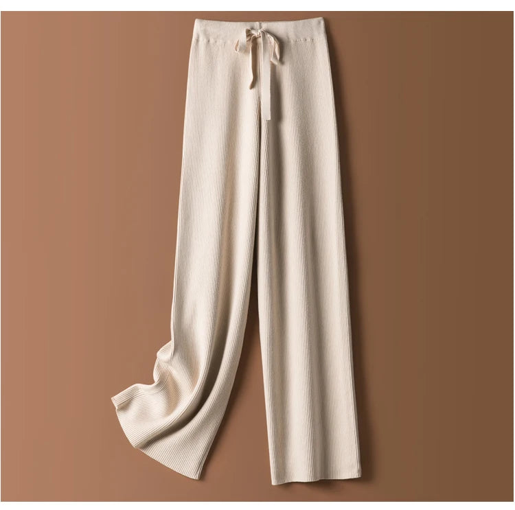 Women Pants 2020 New Winter Soft Waxy Comfortable High-Waist Cashmere Knitted Trousers Female Solid Color Casual Wide Leg Pants