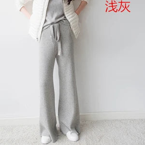 Women Pants 2020 New Winter Soft Waxy Comfortable High-Waist Cashmere Knitted Trousers Female Solid Color Casual Wide Leg Pants