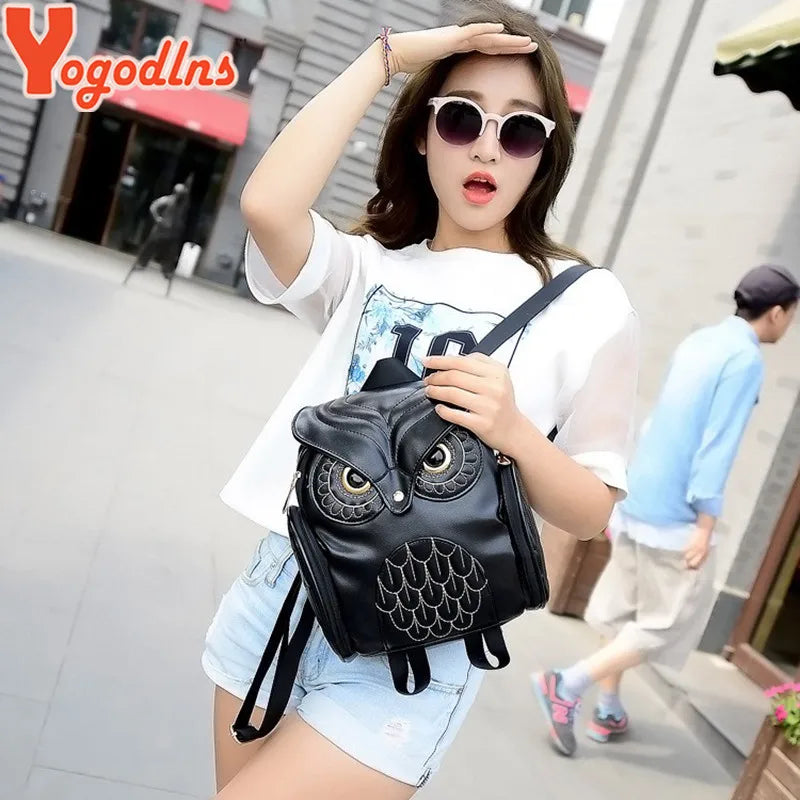 Yogodlns Fashion Women Backpack Newest Stylish Cool Black PU Leather Owl Backpack Female Hot Sale Women shoulder bag school bags