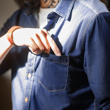 Maden Men Vintage Single Pocket Workwear Denim Shirt Long Sleeved Slim Fit Casual Shirt Single Breasted Turn-Down Collar Blouse