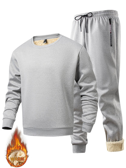 Men's winter sportswear set; warm fleece round neck sweatshirt; men's drawstring sport pants; fashionable men's running fitness