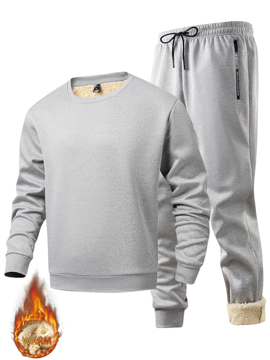 Men's winter sportswear set; warm fleece round neck sweatshirt; men's drawstring sport pants; fashionable men's running fitness