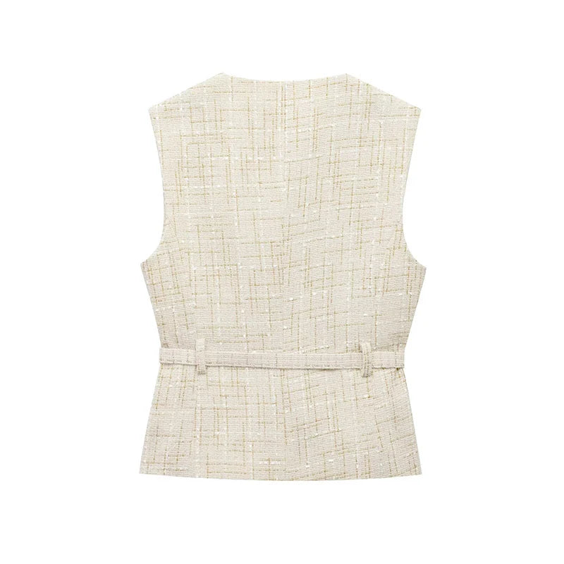 Women's Tweed Waistcoat Fashion with Belt O NeckSleeveless Vests Female Outerwear Chic Tops