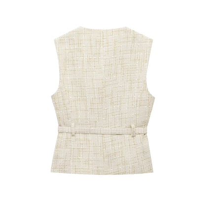 Women's Tweed Waistcoat Fashion with Belt O NeckSleeveless Vests Female Outerwear Chic Tops