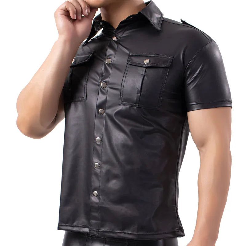 Mens Shirts Faux Leather T Shirts Nightclub Stage Costumes Short Sleeve Button Up Shirt PU Leather Latex Wetlook Dance Clubwear