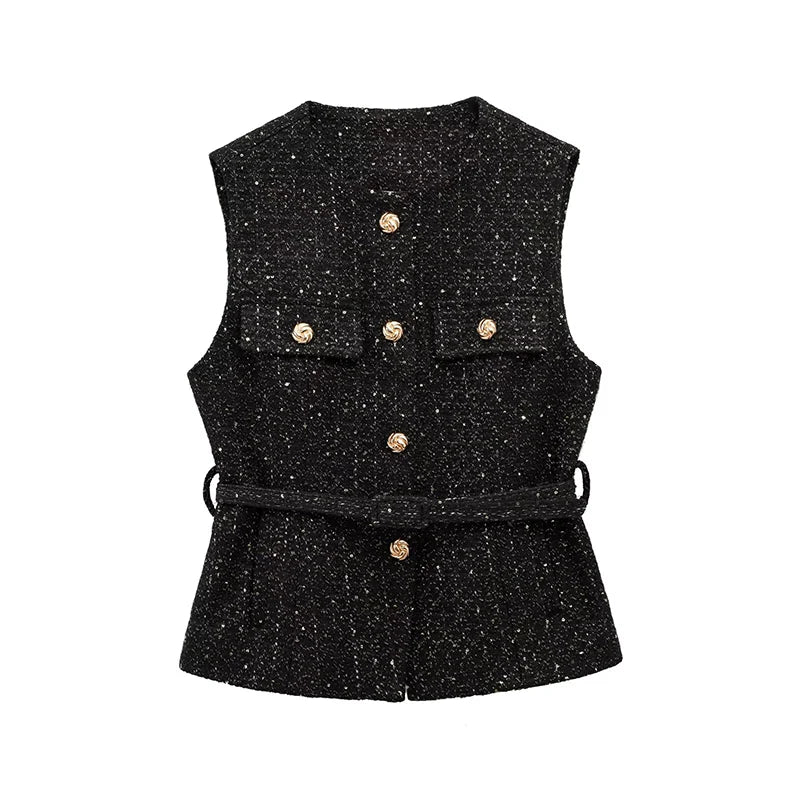 Women's Tweed Waistcoat Fashion with Belt O NeckSleeveless Vests Female Outerwear Chic Tops