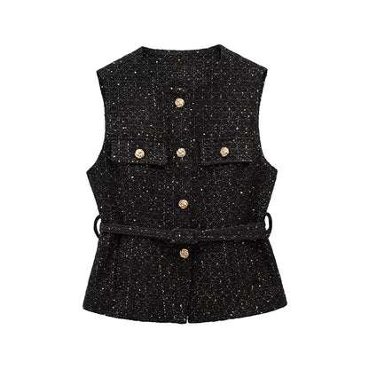 Women's Tweed Waistcoat Fashion with Belt O NeckSleeveless Vests Female Outerwear Chic Tops