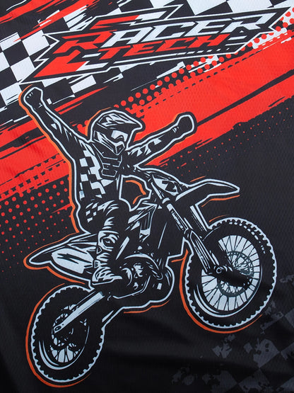 Men's Motorcycle Race Wear Breathable And Quick-Drying Long-Sleeved Top With Geometric Pattern And Chessboard Flag Design