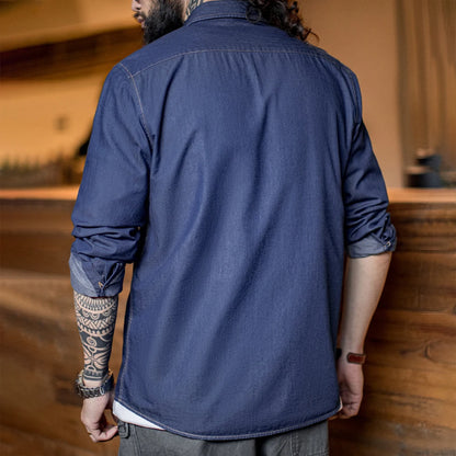 Maden Men Vintage Single Pocket Workwear Denim Shirt Long Sleeved Slim Fit Casual Shirt Single Breasted Turn-Down Collar Blouse
