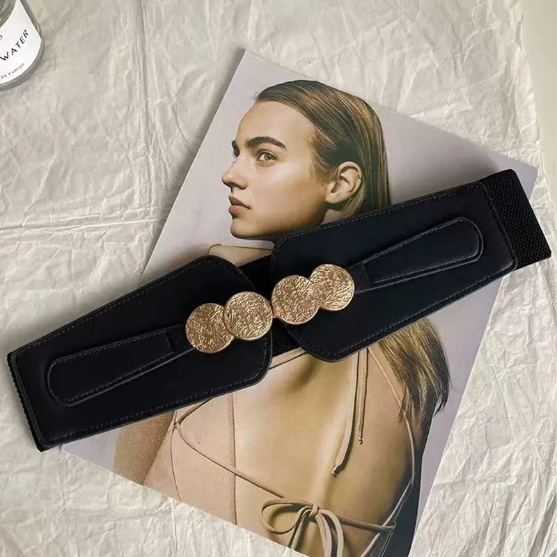 Waist belt for women; stretch elastic wide belt for decoration; outer dress with a versatile belt; skirt with accessories in bla