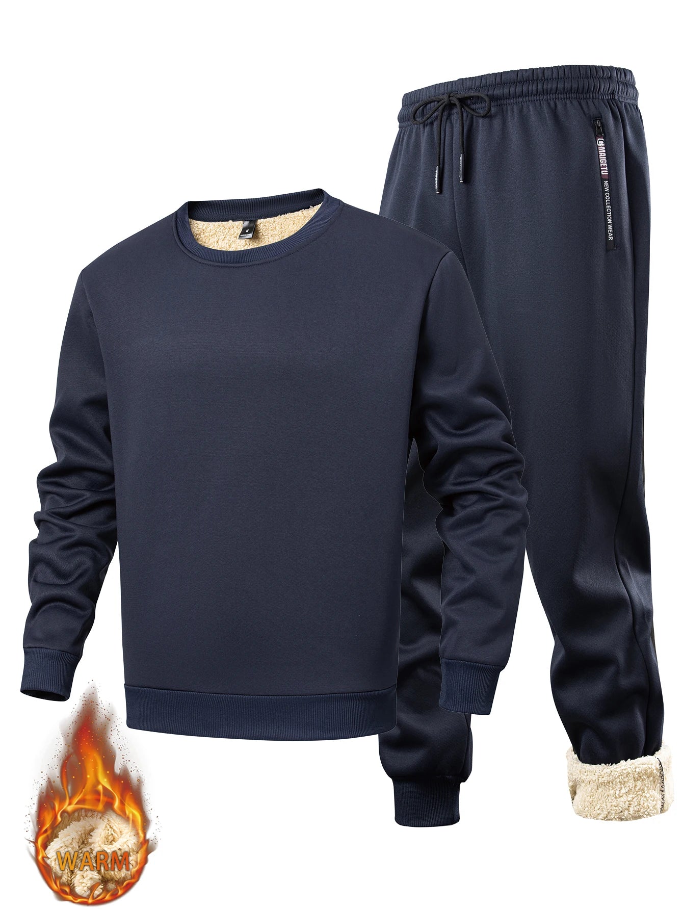 Men's winter sportswear set; warm fleece round neck sweatshirt; men's drawstring sport pants; fashionable men's running fitness
