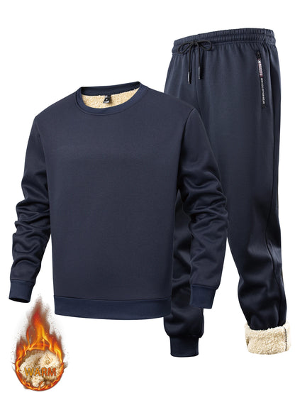 Men's winter sportswear set; warm fleece round neck sweatshirt; men's drawstring sport pants; fashionable men's running fitness