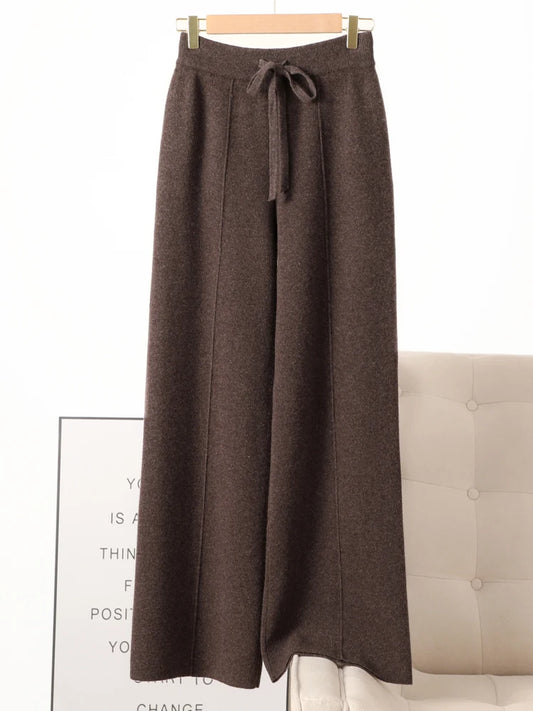 Women 100% Pure wool wide leg pants Autumn Winter high waisted Loose Casual Soft Cashmere Knitwear straight Full Length Trousers