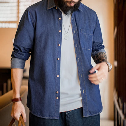 Maden Men Vintage Single Pocket Workwear Denim Shirt Long Sleeved Slim Fit Casual Shirt Single Breasted Turn-Down Collar Blouse