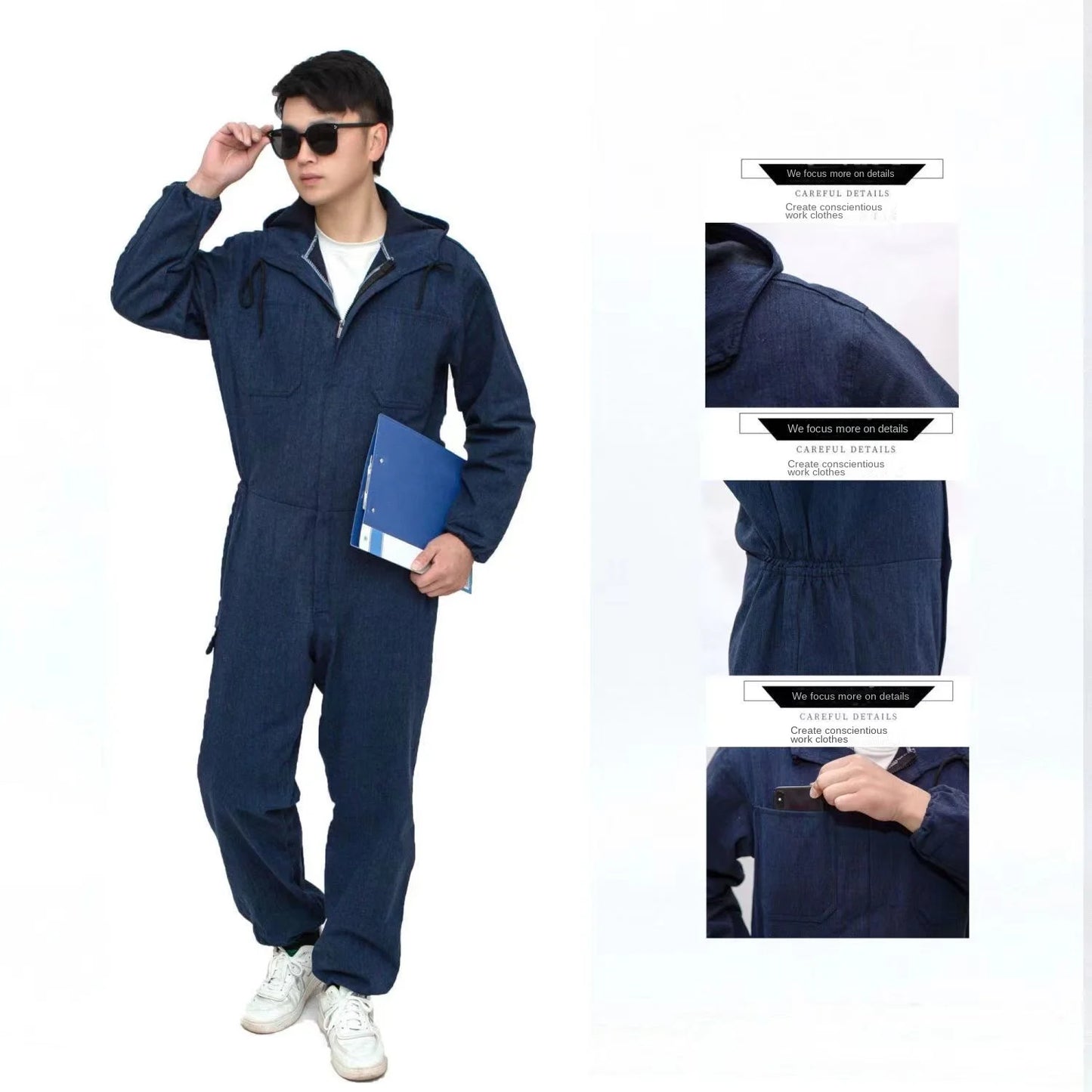 Men's one - piece work uniform, wear - resistant, dark blue, for auto repair and factory work, one - piece work uniform.