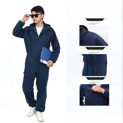 Men's one - piece work uniform, wear - resistant, dark blue, for auto repair and factory work, one - piece work uniform.