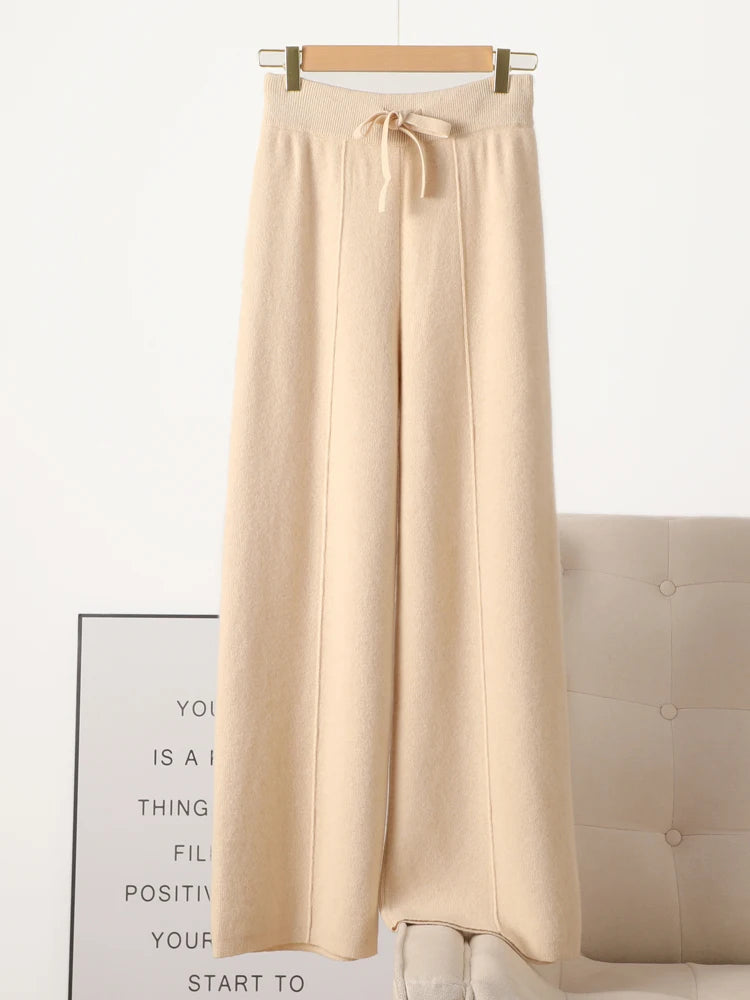 Women 100% Pure wool wide leg pants Autumn Winter high waisted Loose Casual Soft Cashmere Knitwear straight Full Length Trousers