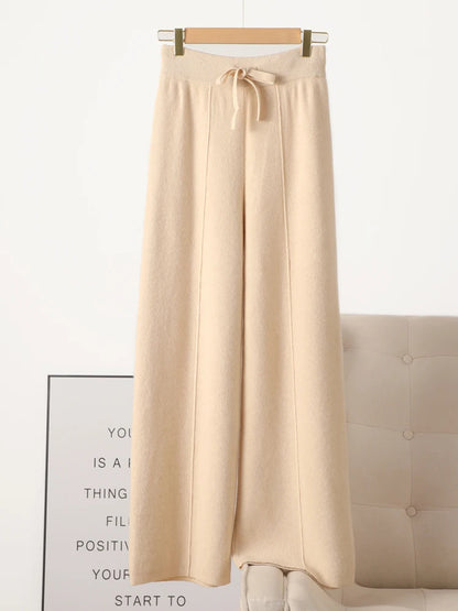Women 100% Pure wool wide leg pants Autumn Winter high waisted Loose Casual Soft Cashmere Knitwear straight Full Length Trousers