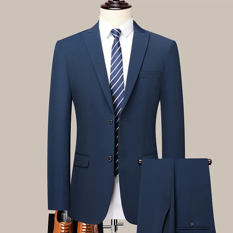 Man Suit (blazer+ Pants) Gentleman Fashion Business Double Split Casual Slim Solid Color Wedding Work Conjunto Hombre