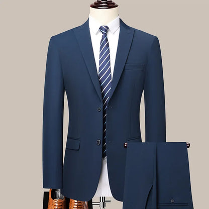 Man Suit (blazer+ Pants) Gentleman Fashion Business Double Split Casual Slim Solid Color Wedding Work Conjunto Hombre