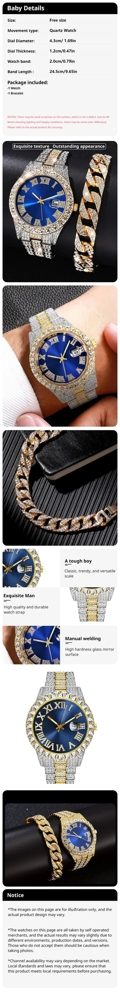 2PCs Fashion Luxury Full Diamond Steel Band Calendar Roman Scale Men's Steel Band Quartz Watch with Diamond Chain Bracelet Set