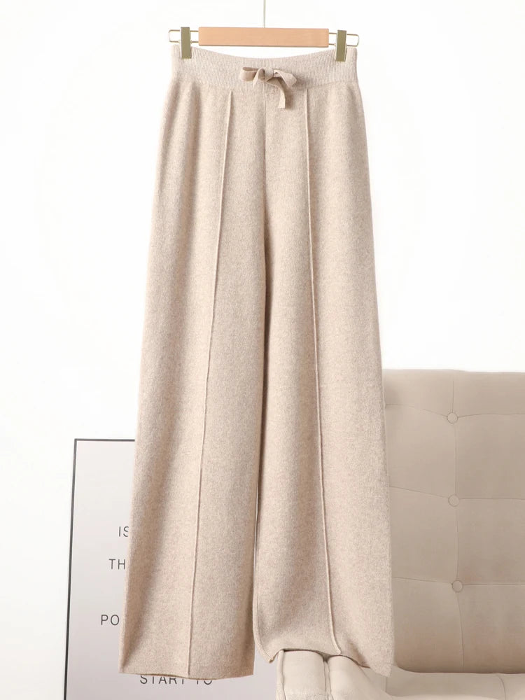 Women 100% Pure wool wide leg pants Autumn Winter high waisted Loose Casual Soft Cashmere Knitwear straight Full Length Trousers