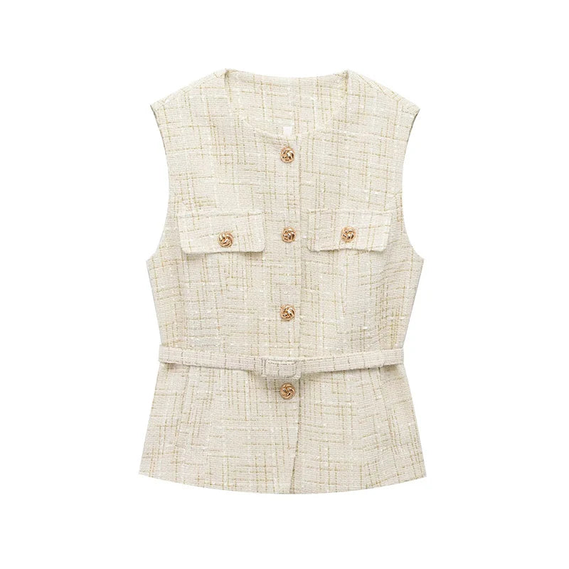 Women's Tweed Waistcoat Fashion with Belt O NeckSleeveless Vests Female Outerwear Chic Tops