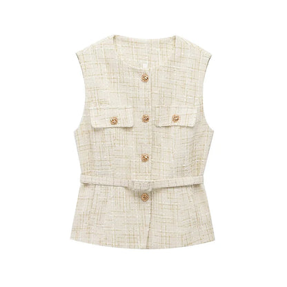 Women's Tweed Waistcoat Fashion with Belt O NeckSleeveless Vests Female Outerwear Chic Tops