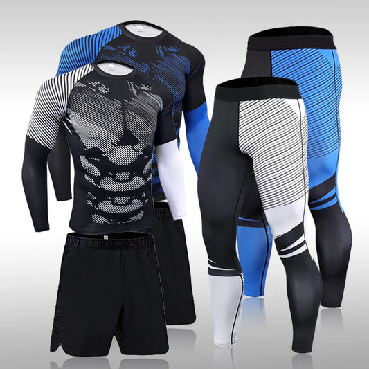 Men's Sports Suit MMA Rashgard Male Quick Drying Exercise Workout Leggings Sportswear Compression Clothing Fitness Training Kit