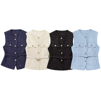 Women's Tweed Waistcoat Fashion with Belt O NeckSleeveless Vests Female Outerwear Chic Tops