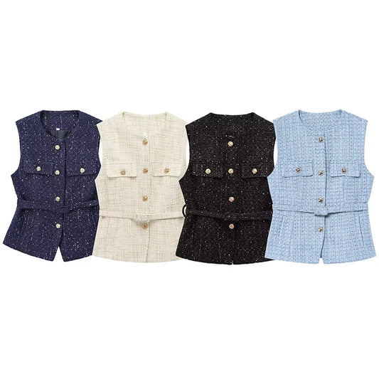 Women's Tweed Waistcoat Fashion with Belt O NeckSleeveless Vests Female Outerwear Chic Tops
