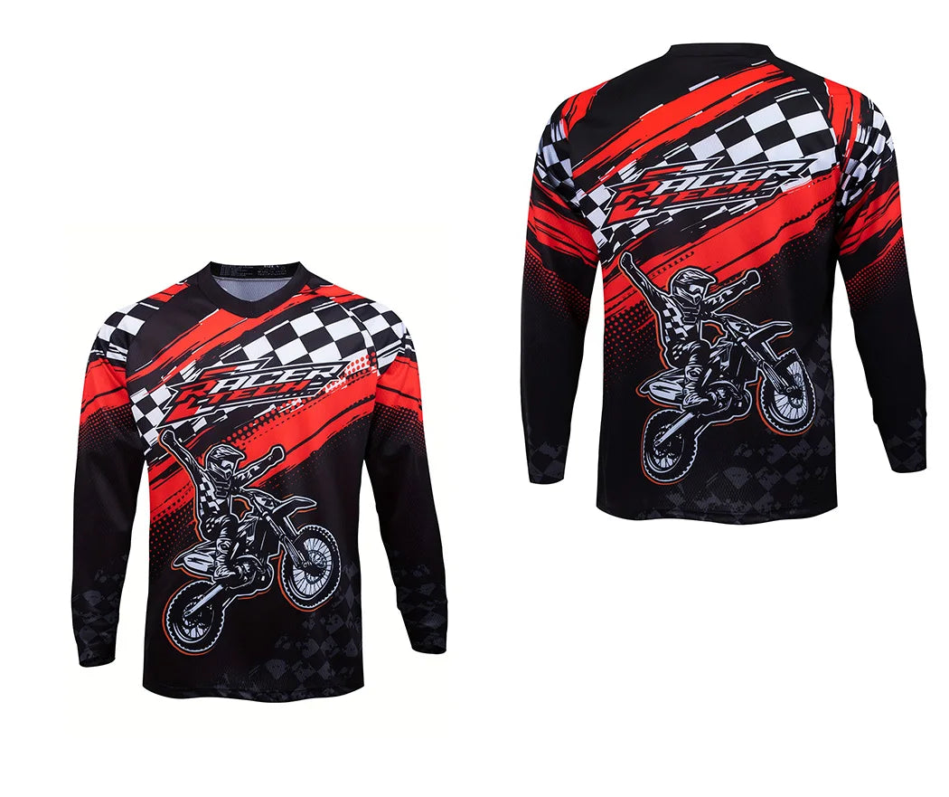 Men's Motorcycle Race Wear Breathable And Quick-Drying Long-Sleeved Top With Geometric Pattern And Chessboard Flag Design