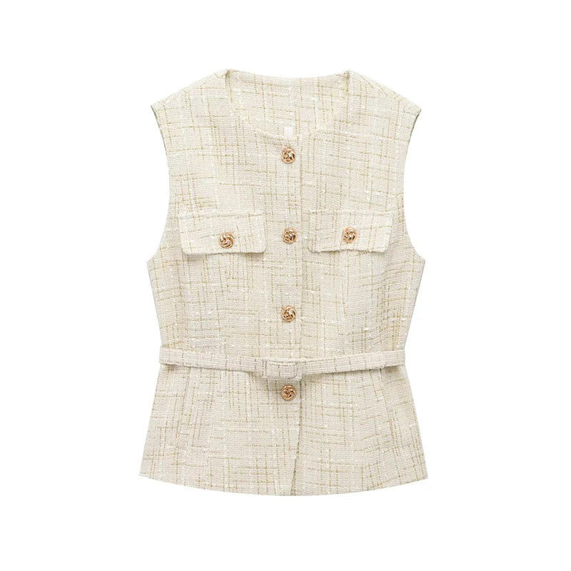Women's Tweed Waistcoat Fashion with Belt O NeckSleeveless Vests Female Outerwear Chic Tops