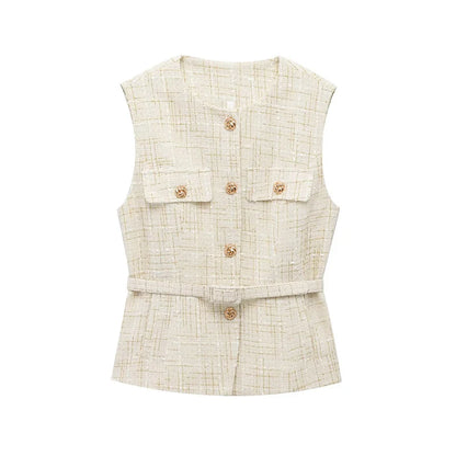 Women's Tweed Waistcoat Fashion with Belt O NeckSleeveless Vests Female Outerwear Chic Tops