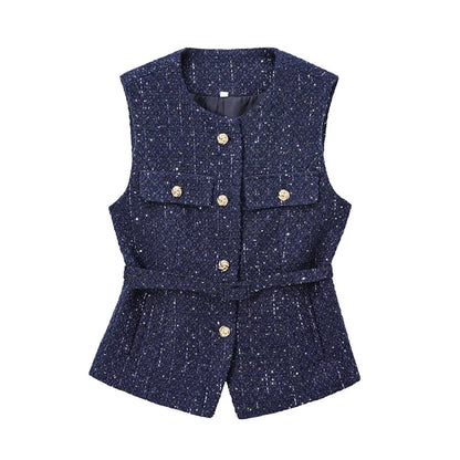 Women's Tweed Waistcoat Fashion with Belt O NeckSleeveless Vests Female Outerwear Chic Tops