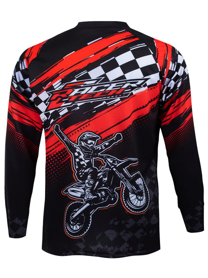 Men's Motorcycle Race Wear Breathable And Quick-Drying Long-Sleeved Top With Geometric Pattern And Chessboard Flag Design