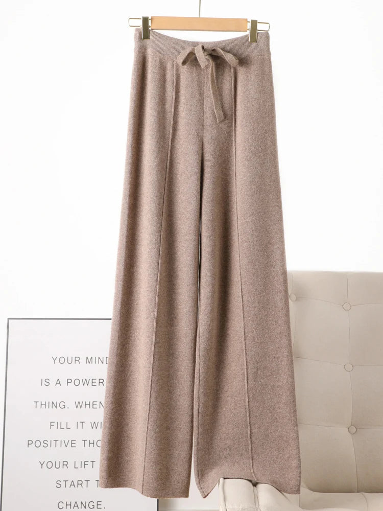 Women 100% Pure wool wide leg pants Autumn Winter high waisted Loose Casual Soft Cashmere Knitwear straight Full Length Trousers