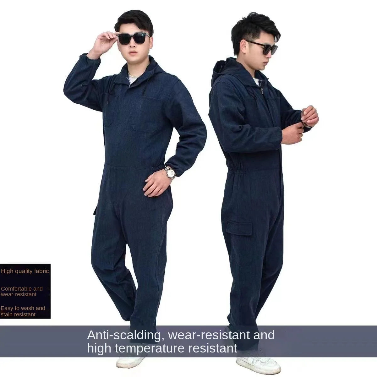 Men's one - piece work uniform, wear - resistant, dark blue, for auto repair and factory work, one - piece work uniform.