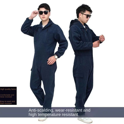Men's one - piece work uniform, wear - resistant, dark blue, for auto repair and factory work, one - piece work uniform.