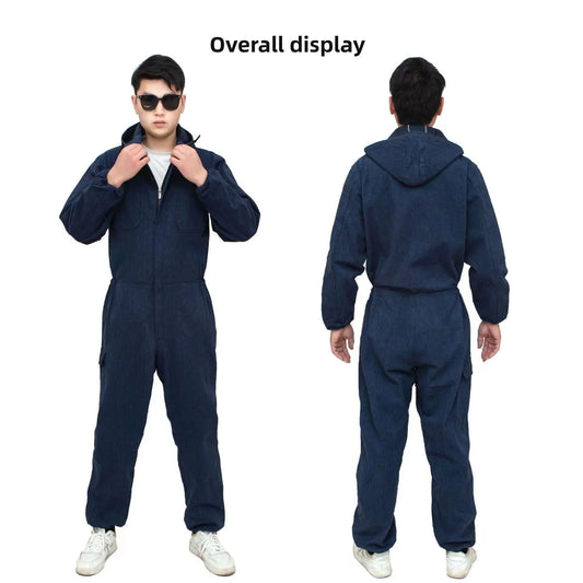 Men's one - piece work uniform, wear - resistant, dark blue, for auto repair and factory work, one - piece work uniform.
