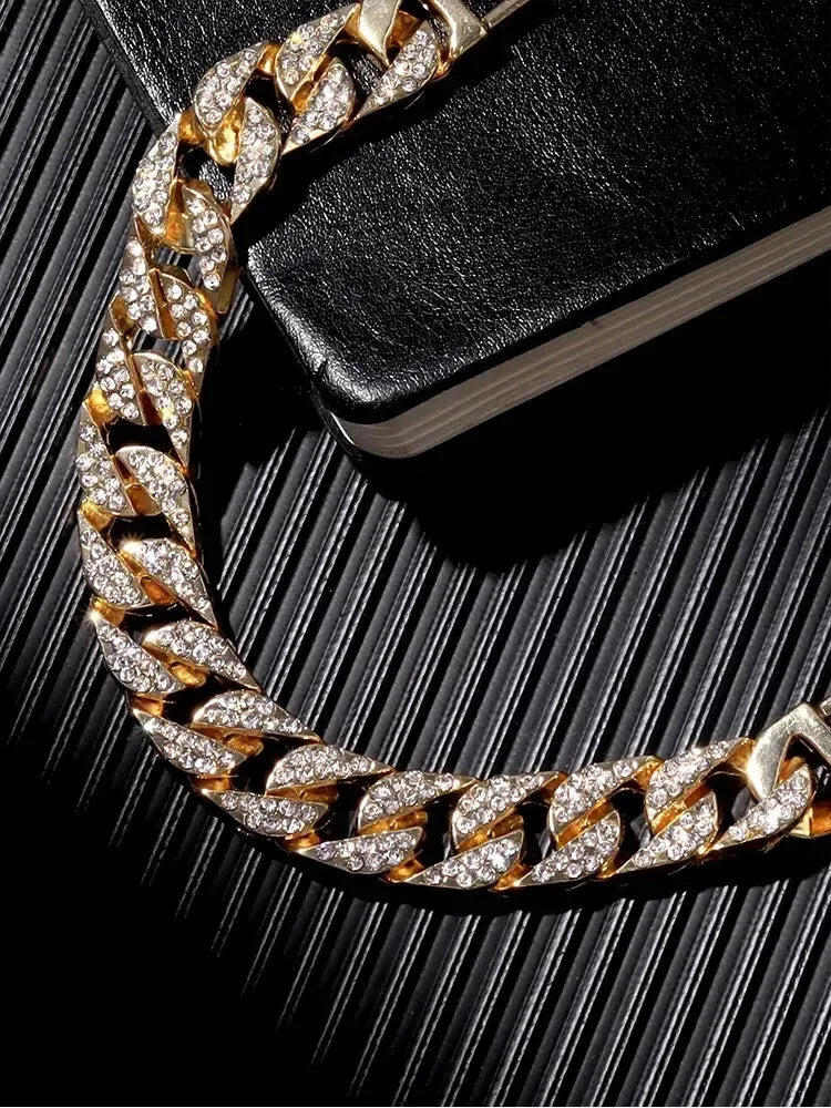 2PCs Fashion Luxury Full Diamond Steel Band Calendar Roman Scale Men's Steel Band Quartz Watch with Diamond Chain Bracelet Set