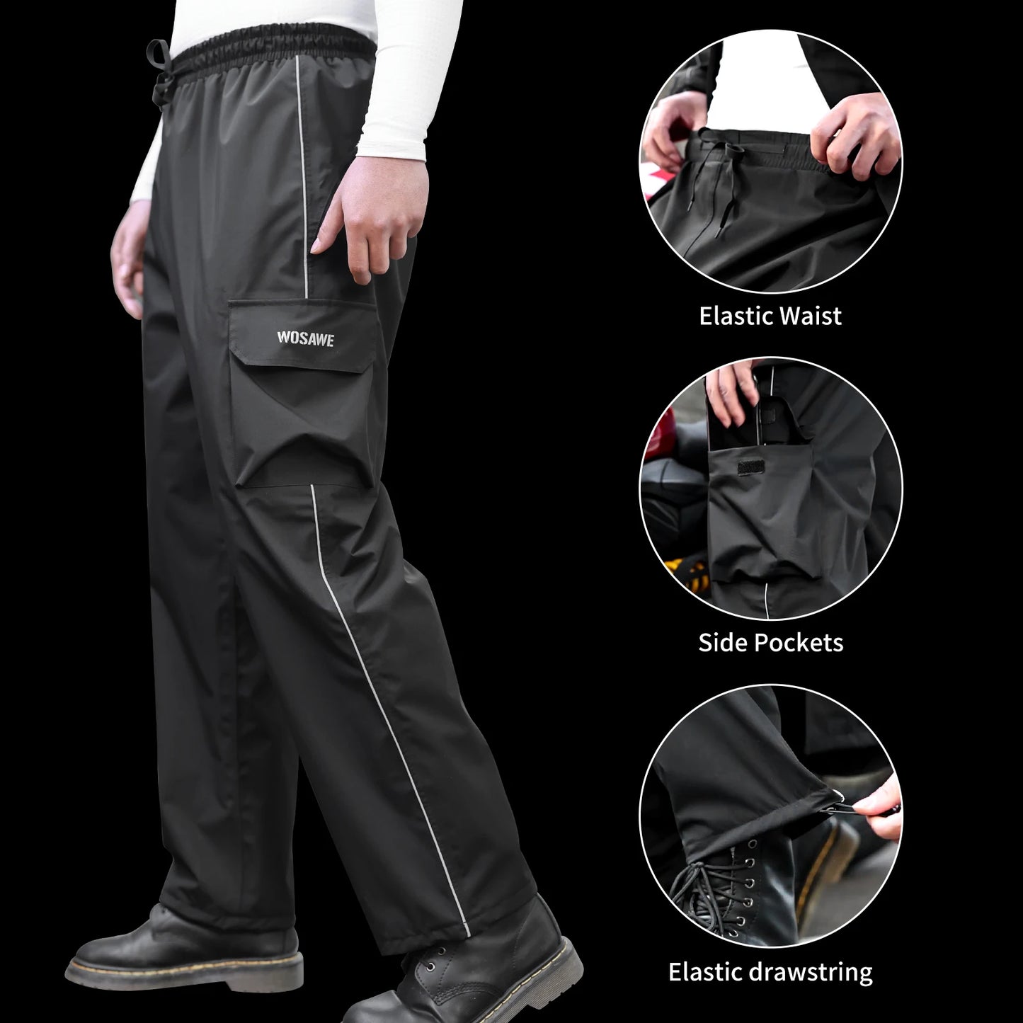 WOSAWE Motorcycle Rain Pants Waterproof Windproof Riding Gear with Reflective Strips Adjustable Fit for Men Women S-3XL