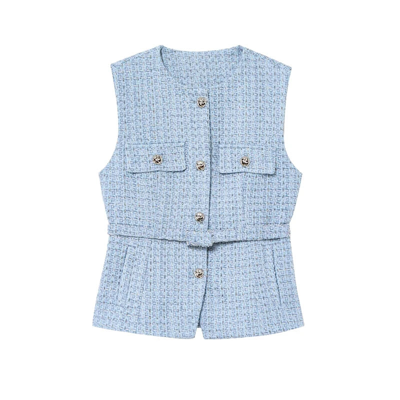 Women's Tweed Waistcoat Fashion with Belt O NeckSleeveless Vests Female Outerwear Chic Tops