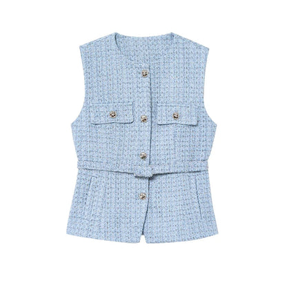 Women's Tweed Waistcoat Fashion with Belt O NeckSleeveless Vests Female Outerwear Chic Tops