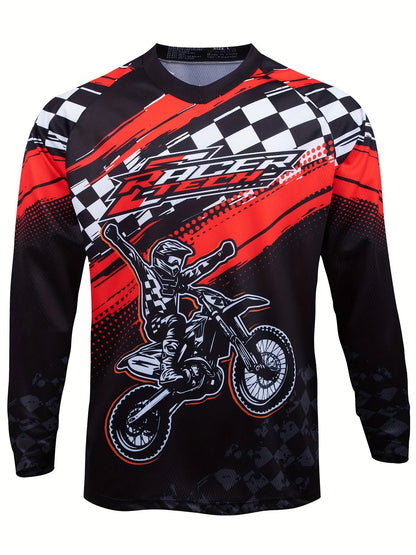 Men's Motorcycle Race Wear Breathable And Quick-Drying Long-Sleeved Top With Geometric Pattern And Chessboard Flag Design