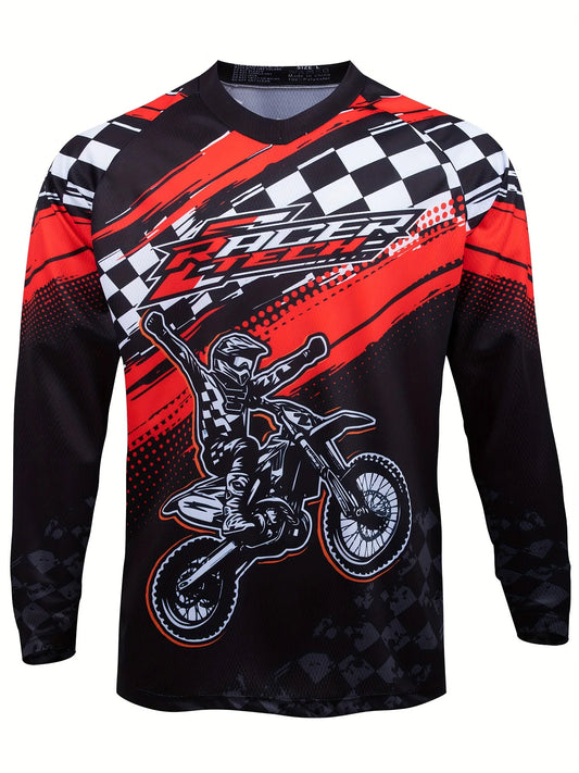 Men's Motorcycle Race Wear Breathable And Quick-Drying Long-Sleeved Top With Geometric Pattern And Chessboard Flag Design