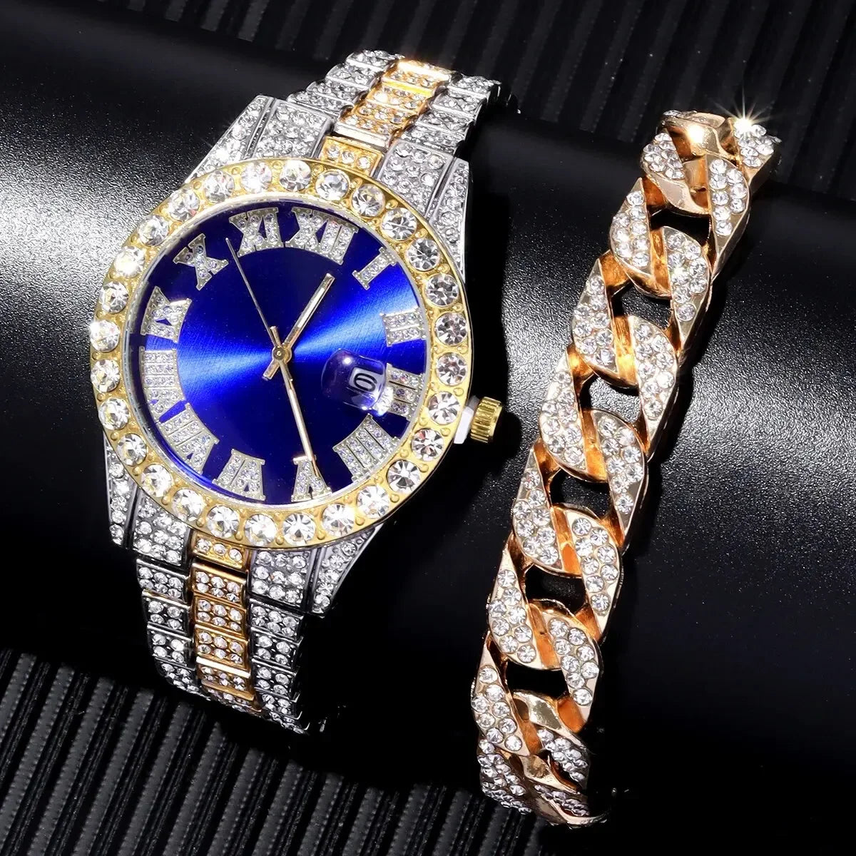 2PCs Fashion Luxury Full Diamond Steel Band Calendar Roman Scale Men's Steel Band Quartz Watch with Diamond Chain Bracelet Set